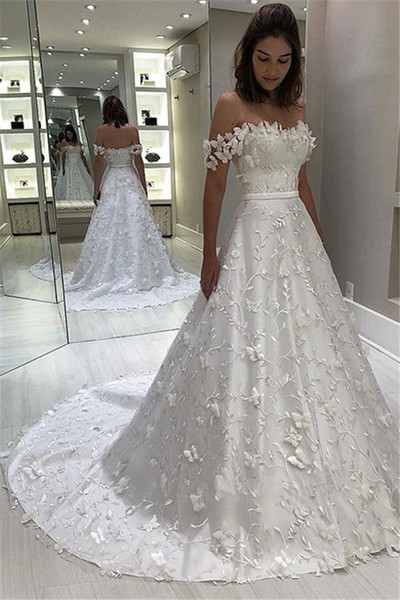 Simple Wedding Dress Hand Flowers Off Shoulder Ivory Lace Wedding Dress Plus Size Sweep Train Custom Made Wedding Gowns for bridal