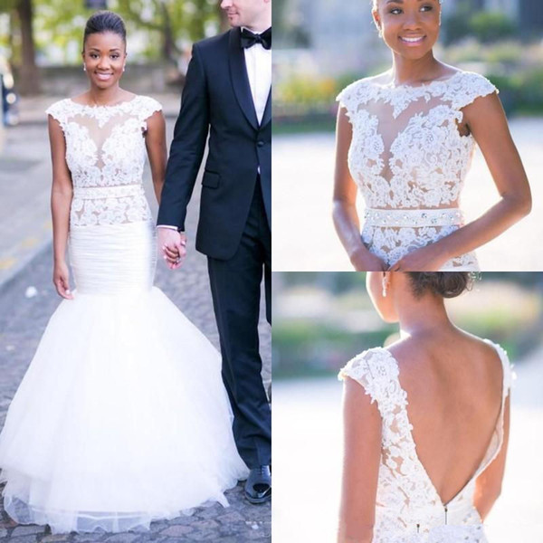 Mermaid Wedding Dresses Lace Appliques Beaded Sweep Train Wedding Gowns with Sashes Bridal Gowns for wedding Custom Made