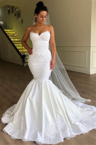 Luxury Mermaid Wedding Dresses for Bridal Elegant Ivory Wedding Dress Lace Appliques Court Train Spaghetti Bridal Gown 