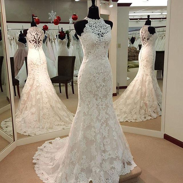 new simple wedding dress lace appliques mermaid wedding gowns sweep train sleeveless elegant wedding dresses