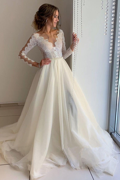 Simple A-Line Wedding Dress Ivory Long Sleeve Bridal Gown Lace Appliques Sweep Train V Neck Custom Made Wedding Gowns for bridal