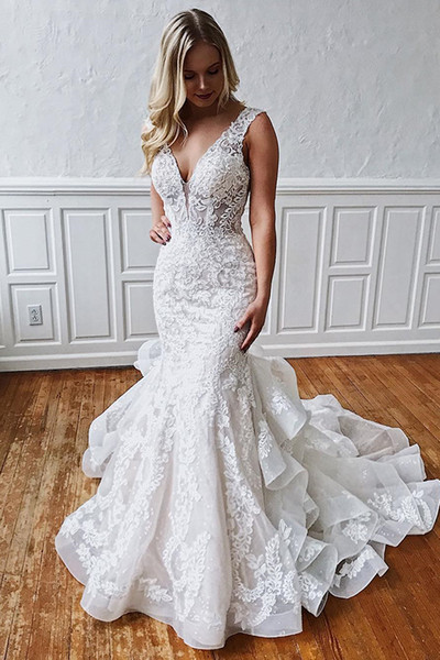 Luxury Mermaid Wedding Dress Lace Appliques Tiered Skirt Elegant Ivory Wedding Dress V Neck Sweep Train Wedding Gown Robe de mariee