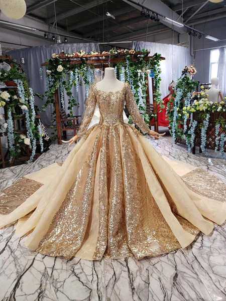 100% Real Wedding Dress Luxury Gold Sequins Appliques Cathedral Train Wedding Gown Arabic Muslim Backless Ball Gown vestido de noiva