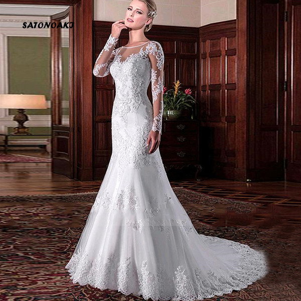 SATONOAKI Exquisite Tulle Jewel Neckline Mermaid Wedding Dresses With Beaded Lace Applqiques Long Sleeves Bridal Dresses