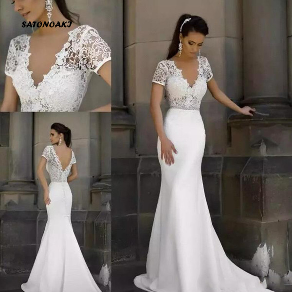 Glamorous V Neck Lace Mermaid Wedding Dresses Seen Through Short Sleeves Satin Backless Sweep Train Wedding Gowns with Beaded Sash