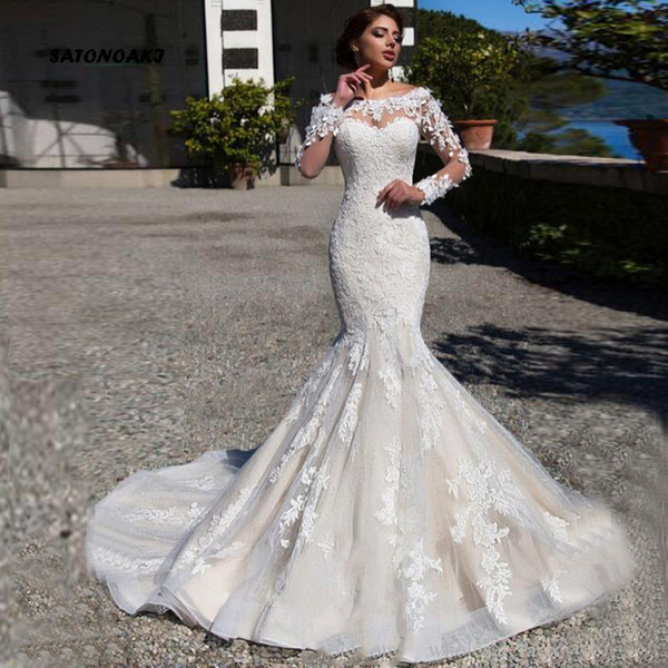 SATONOAKI Elegant Long Sleeves Lace Mermaid Wedding Dresses Tulle Applique Sweep Train Bridal Wedding Gowns With Buttons