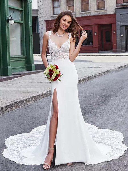 High Split Satin Wedding Dress Lace Appliques Mermaid Wedding Gowns Deep V Neck Vestido de noiva Chapel Train Backless Bridal Dress