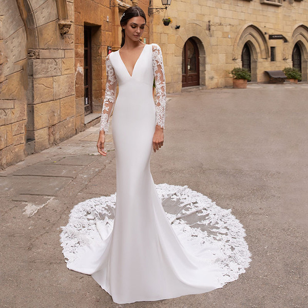 Vestido de noiva Long Sleeves Wedding Dresses Mermaid V Neck Lace Appliques Wedding Gowns Backless Bridal Dress Turkey