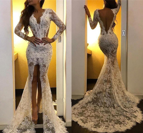 Sexy Lace Mermaid Wedding Dresses V Neck Long Sleeves Full Lace Appliques Front Split Sheer Sweep Train Backless Plus Size Bridal Gowns