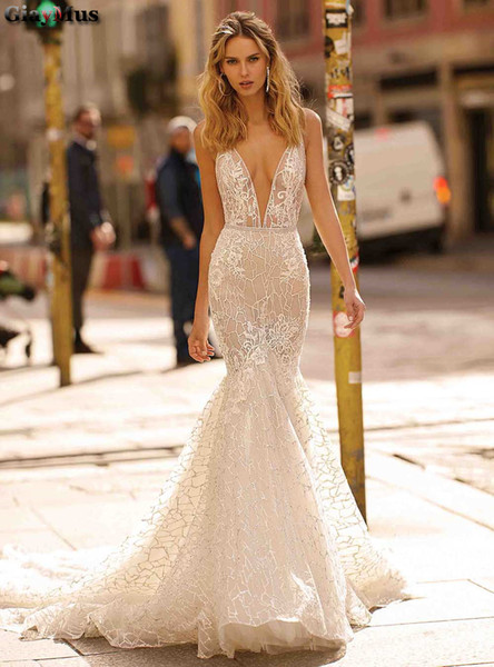 Illusion Bodice Garden Wedding Dresses Sexy Lace Appliques Mermaid Wedding Dress Deep V Neck Sleeveless Luxury Beaded Sequins Bridal Gown