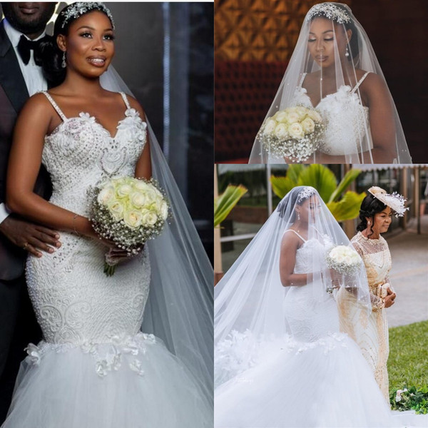 African Sexy Hot Luxury Mermaid Wedding Dresses Spaghetti Straps Lace Crystal Beading Flowers Court Train Plus Size Formal Bridal Gowns