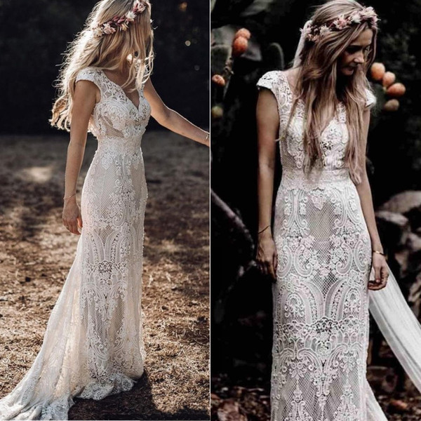 Sexy Hot Luxury Bohemian Country Mermaid Wedding Dresses V Neck Cap Sleeves Full Lace See Through Court Train Plus Size Formal Bridal Gowns