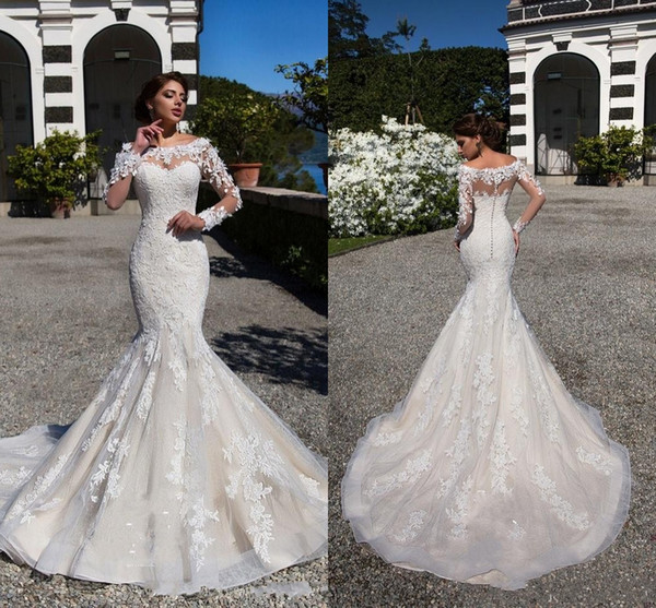 Hot Luxury Mermaid Wedding Dresses Scoop Neck Illusion Lace Applique Beads Long Sleeves 3D Flowers Button Back Court Train Bridal Gowns