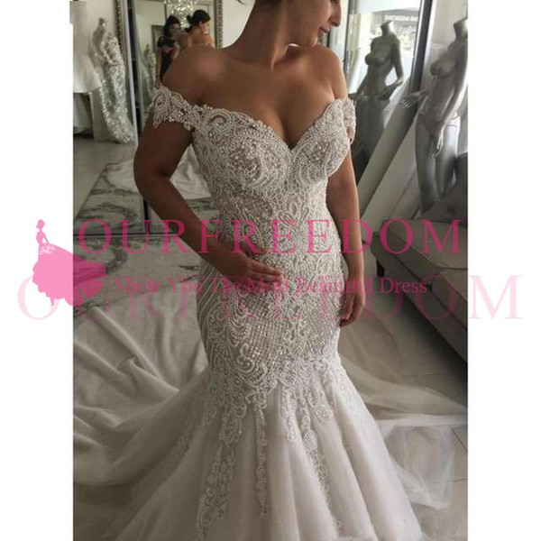 Luxurious Sexy Mermaid Wedding Dresses Off Shoulder Pearls Crystals Court Train Dubai Arabic Wedding Dress Bridal Gowns 