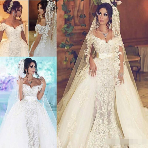 Gorgeous Overskirts Wedding Dresses With Detachable Train Pearls Mermaid Bridal Gown Lace Dubai Wedding Dresses 2017