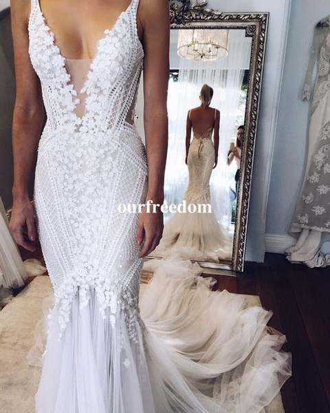 Berta pallas couture Mermaid Wedding Dresses Deep V Neck Sexy Back Unique Lace Sweep Train Summer Spring Bridal Gown Custom Made Real