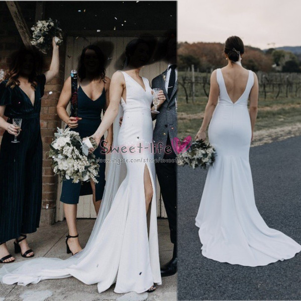 Long Sexy White Satin Sweep Train Mermaid Backless Wedding Dress Bridal Dresses Sleeveless Zipper V-Neck High Slip Ball Gown