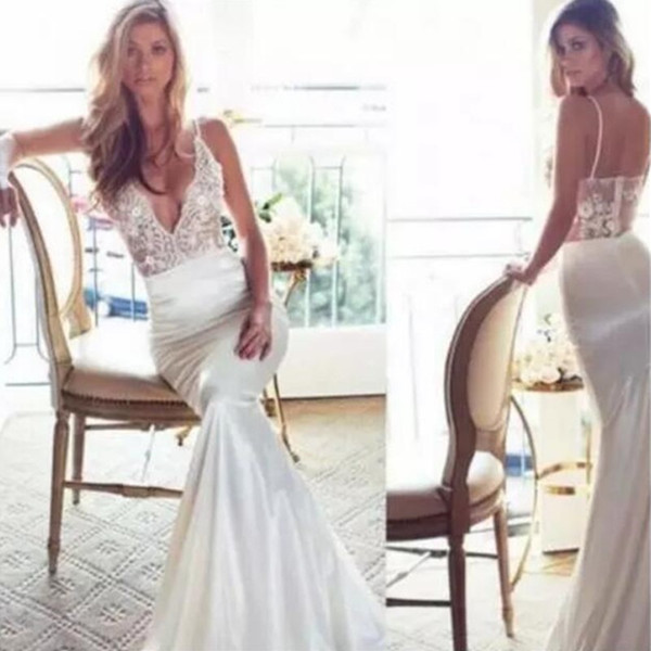 Vestido De Noiva spaghetti Berta Mermaid Wedding Dresses Summer boho Deep V Neck Sheer Lace Applique Backless Bridal Gowns Under 100