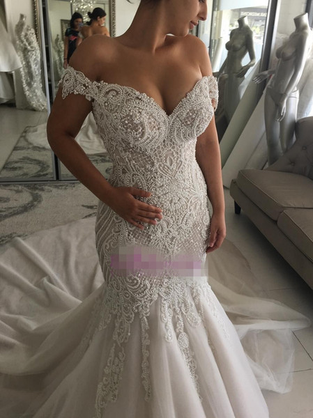 Elegant Beaded Mermaid Wedding Dresses Off-the-Shoulder Backless Bridal Gowns Sweep Train Bridal Dresses Custom Made Hot Sale