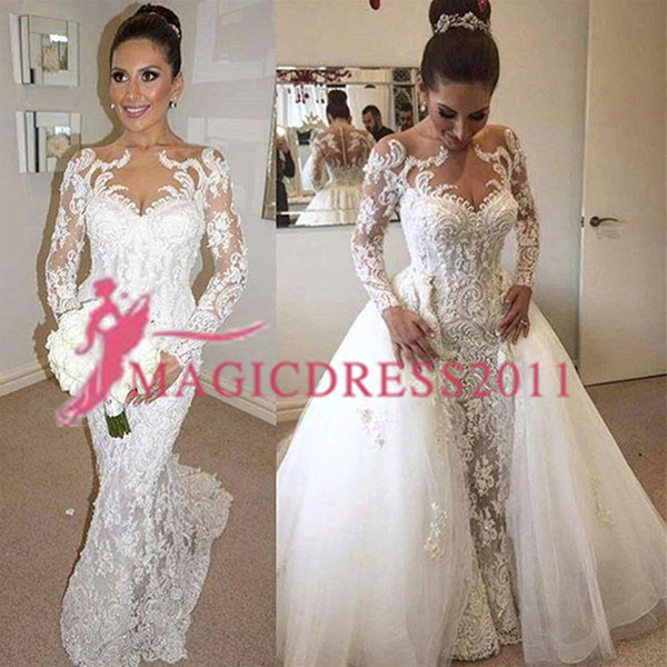 Gorgeous Mermaid Wedding Dresses With Detachable Train robe de mariée Lace Bridal Gowns Long Sleeve Wedding Dress