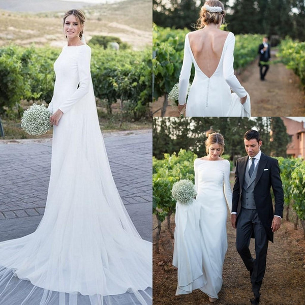 Elegant Long Sleeve Wedding Dresses Bateau Backless Sweep Train Country Garden Chapel Muslim Bridal Gowns Vestido De Novia Ivory