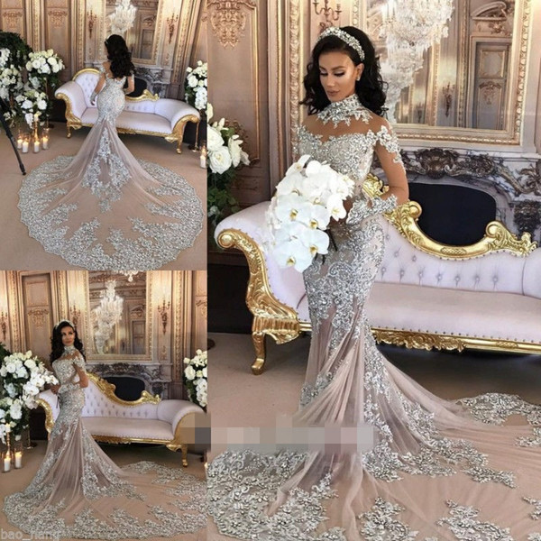 Arbaic Sexy Mermaid Wedding Dresses Luxury Beaded Crystal Rhinestone Crystal High Neck Long Sleeve Church Bridal Gown Custom Made