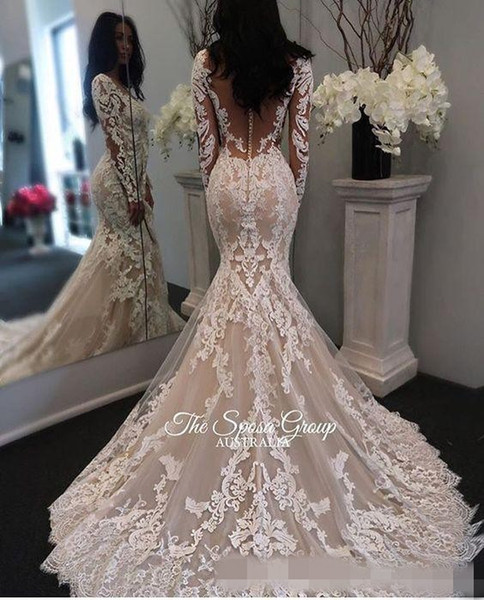 New Illusion Long Sleeves Lace Mermaid Wedding Dresses Tulle Applique Court Wedding Bridal Gowns With Buttons