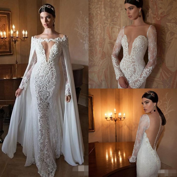 Berta Sexy Mermaid Wedding Dresses with Capes Sleeve Detachable Chiffon Cape V-neck Long Sleeve Sheer Back Lace Embellished