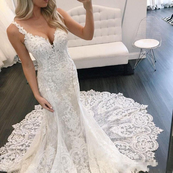 Lace Applique Mermaid Wedding Dresses Sexy Backless Spaghetti Straps Chapel Bridal Gown Wedding Dress for Bride Sheath Custom Made