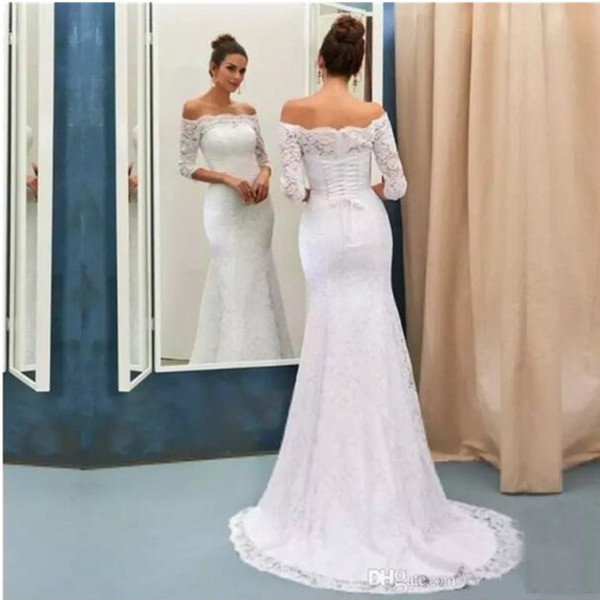 Elegant Half Long Sleeves Off the Shoulder Full Lace Mermaid Wedding Dresses Corset Back Bridal Gowns Long Sweep Train Wedding Gowns