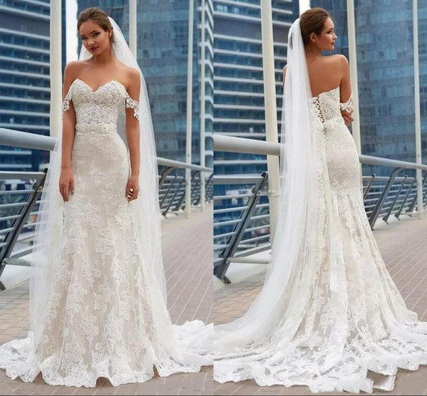 Cheap Generous Mermaid Lace Wedding Dresses Off Shoulder Full Lace Appliques Corset Back Long Train Wedding Gown Bridal Gowns Plus Size