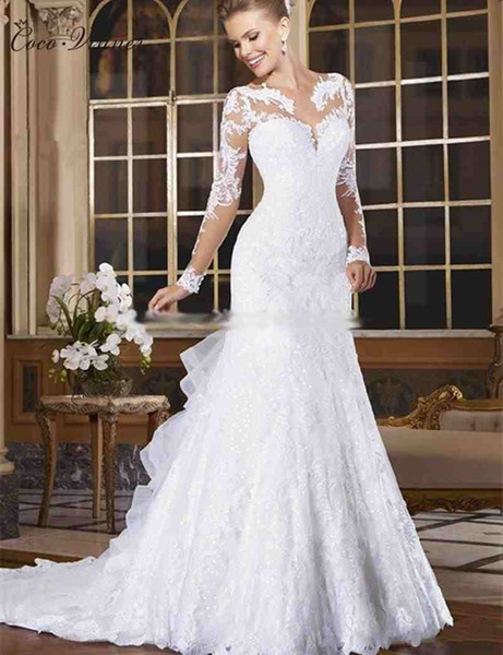 C.V Long Sleeve Appliques Beaded Mermaid Wedding Dress Illusion Sheer Neck Lace Style Fish Tail Bridal Wedding Gown