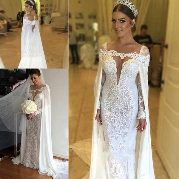 sexy new Lace Applique Beaded Mermaid Wedding Dresses with Chiffon Illusion long cowl floor length Long Sleeves backless Bridal Gowns