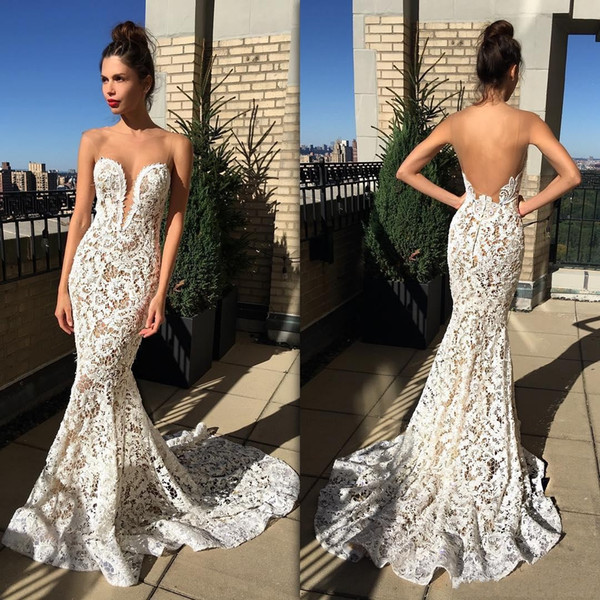 Graceful Mermaid Lace Backless Wedding Dresses Sheer Plunging Neck Bridal Gowns Sweep Train Custom Made Vestidos De Nnovia