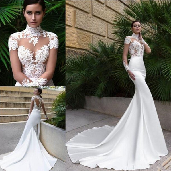 Vestido De Noiva High Neck Crystal Design Sexy Mermaid Wedding Dresses See Through Back Sheer Long Sleeve Fitted Cheap Bridal Gowns