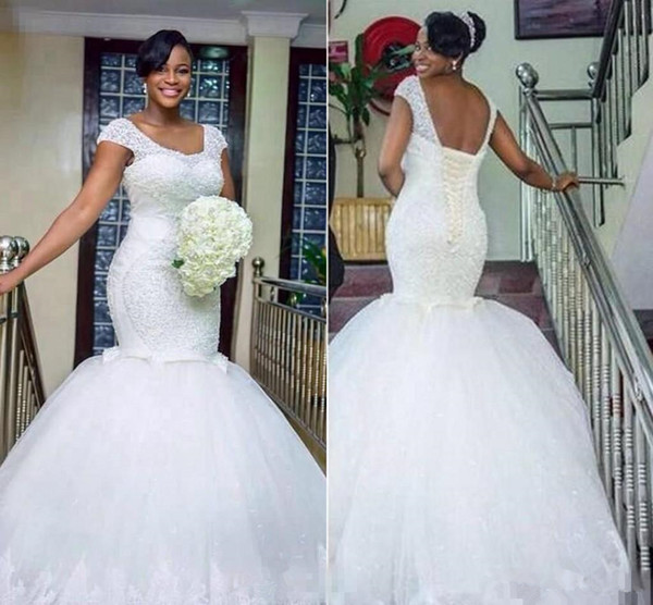 2017 New African Nigeria New Mermaid Wedding Dresses plus size Scoop Neck lace up back Crystal Beaded Sweep Train Custom Formal Bridal Gowns