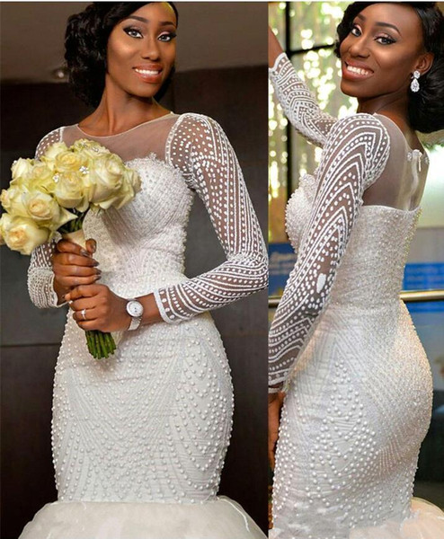 2017 New Blingbling Vestios De Novia Mermaid Wedding Dresses Sheer Crew Neck South African Beaded Long Sleeves Elegant Bridal Gowns