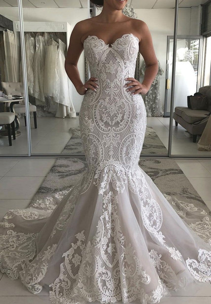 Gorgeous Sweetheart Neck Wedding Dresses Lace Appliques Mermaid Sweep Train Country Style Bridal Gown Custom Made Hot Sale