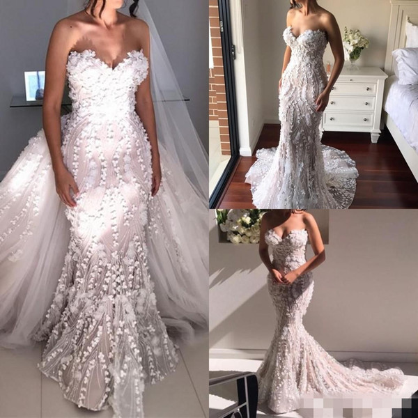 Gorgeous Handmade Flowers Wedding Dresses Mermaid Long Detachable Train Sweetheart Neckline Bridal Gown Vestido de novia Beading