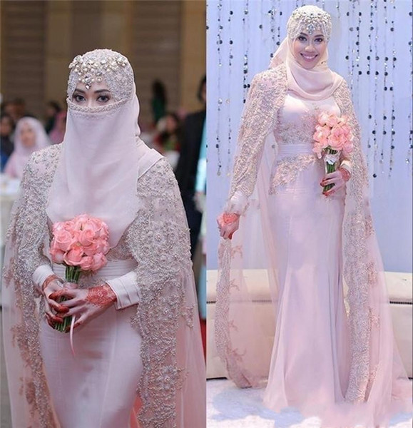 Gorgeous Arabic Muslim Wedding Dresses High Neck Lace Applique Long Sleeves Sheath Pink Wedding Gowns Bridal Dresses With Wraps DTJ