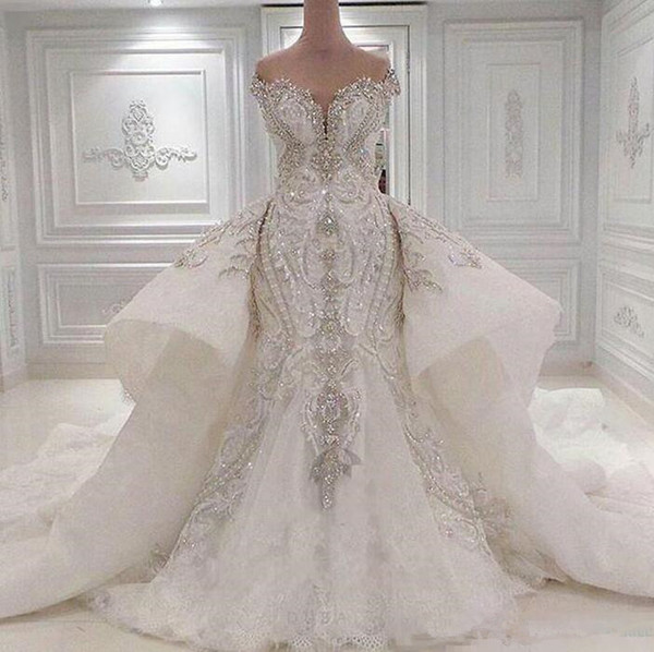 Luxury Crystals Beading White Mermaid Wedding Dresses With Detachable Train Dubai Lace Bride Bridal Gowns Vestidos De Novia Custom Mad