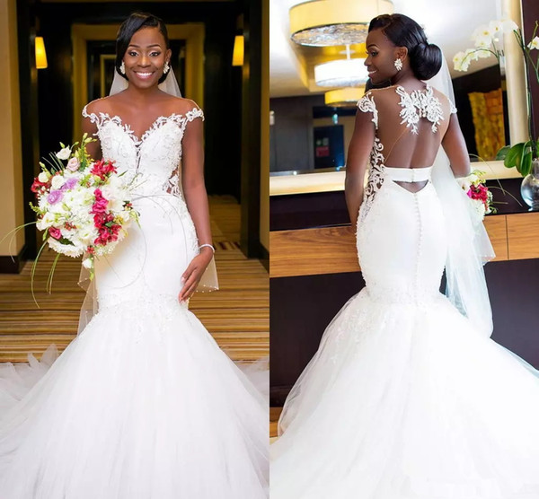 African Modest Lace Mermaid Wedding Dresses Sheer Neck Nigerian Lace Appliques Tulle Backless Wedding Gowns Church Bridal Dresses Gowns