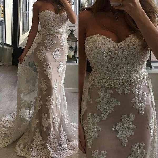 Fashion Mermaid Wedding Dresses Sweetheart Beaded Crystals Lace Applique Court Train Wedding Bridal Gowns With Train