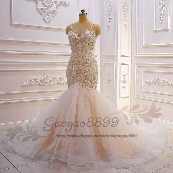 Mermaid Crystal Luxury Wedding Dresses spaghetti Lace Ruched Sparkle Rhinstone Bridal Gowns Dubai Vestidos De Novia long Custom Made