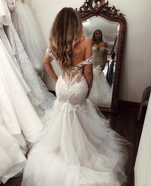 Glamorous Appliques Princess Mermaid Wedding Dress Tulle Zipper Back Bridal Gown Sheer Off Shoulder Dresses Wedding Gowns