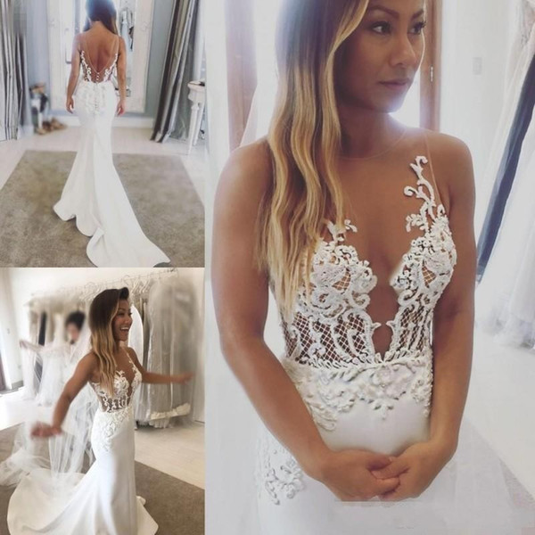 Sexy Mermaid Wedding Dresses Bridal Gowns Bohemian Sheer Jewel Neck Sweep Train Illusion Garden Beach Wedding Gowns