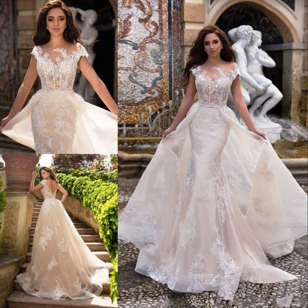 Charming Mermaid Wedding Dresses With Detachable Train Sheer Bateau Neck Bridal Gowns Sweep Train Trumpet Backless Plus Size Wedding Dress