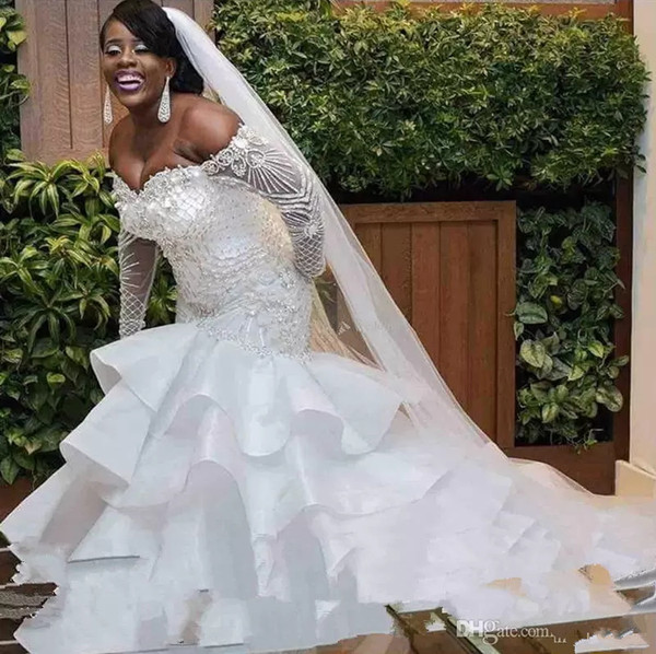 Hot African Nigeria Mermaid Wedding Dresses long sleeves Off Shoulder Crystal Beaded Tiered Ruffles Court Train Plus Size Bridal Gowns