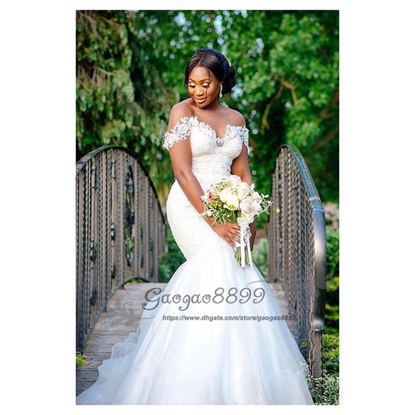 Nigerian African Mermaid Wedding Dresses vintage Lace puffy soft tulle floor length lace up corset bridal Wedding Gown plus size