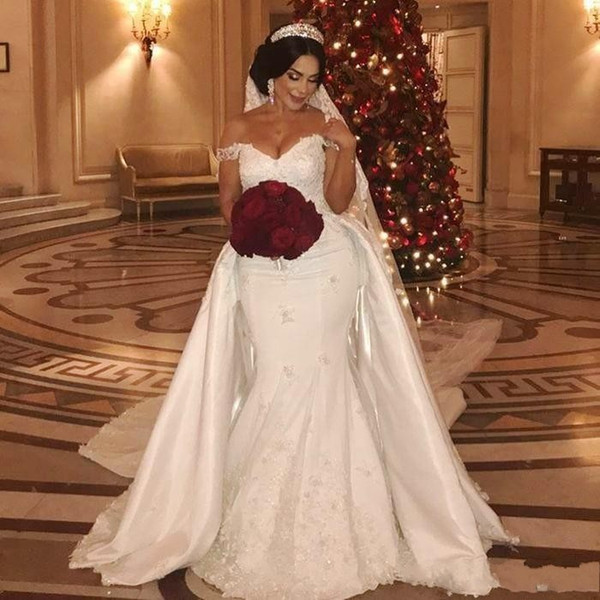 New Arrival Plus Size Lace Wedding Dresses with Detachable Train Off The Shoulder Mermaid Plus Size Bridal gowns